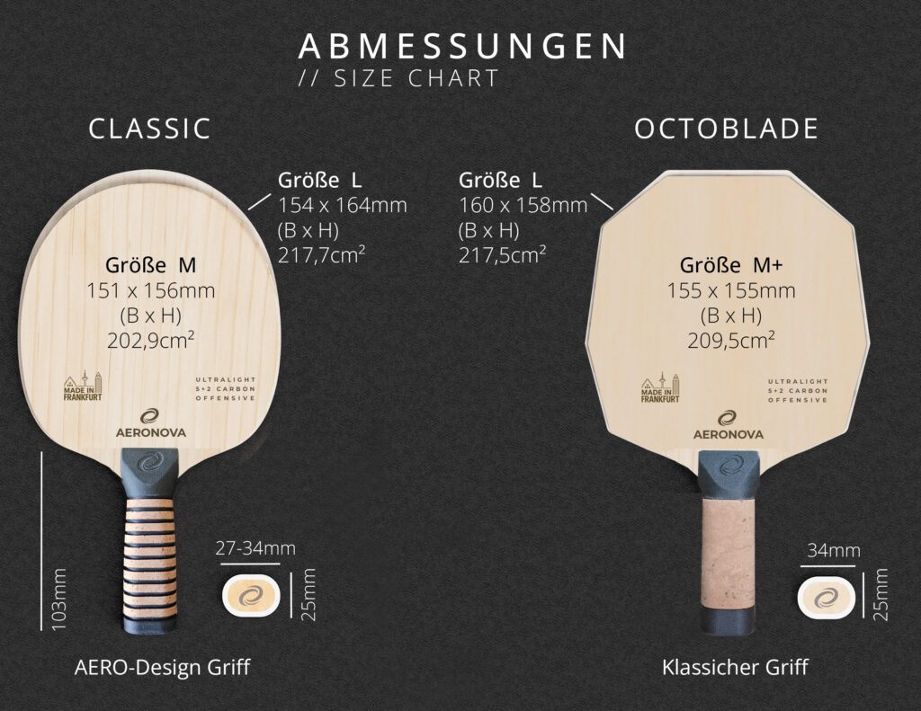 Abmessungen AERONOVA Tischtennis Hölzer