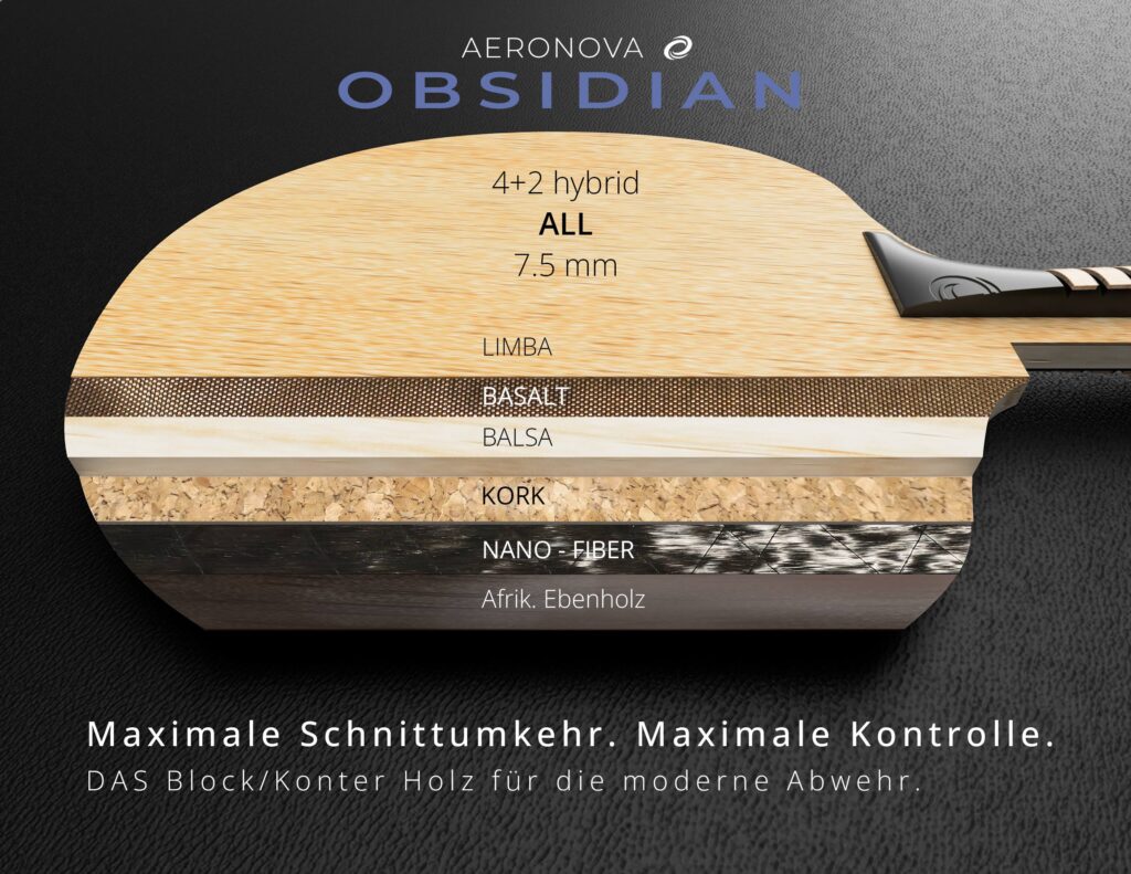 Kombi-Tischtennis Holz Aeronova Obsidian Ultra leichtes Carbon Tischtennis Holz Balsa Kern. Aeronova Manufaktur Frankfurt