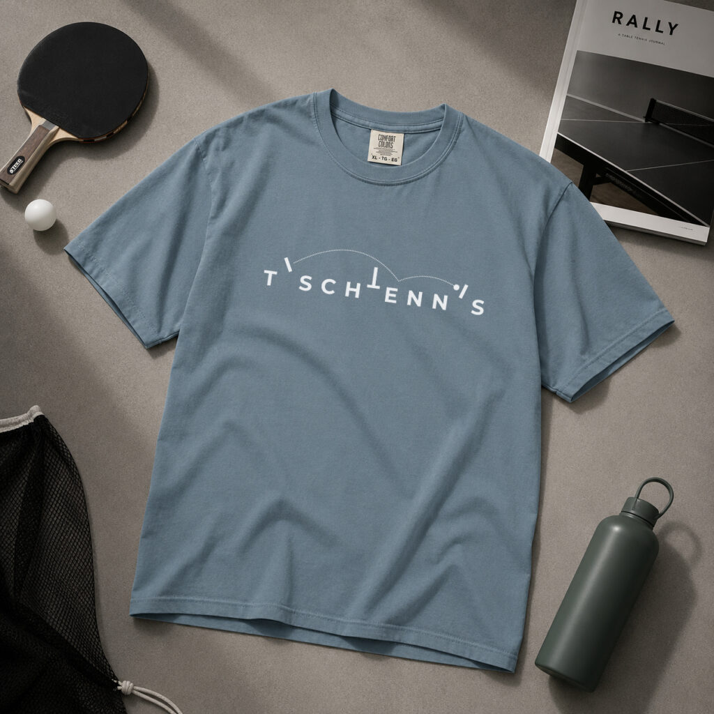 Tischtennis Kleidung T-Shirt. Verspielte Schrift 100% Baumwolle