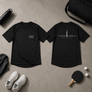 Schwarzes Performance Tischtennis Trikot der Marke AERONOVA. Tischtennisbekleidung Frankfurt im Flatlay auf Betonboden. Die Vorderseite zeigt den dezenten Brustprint &sbquo;TISCH TENNIS AM MAIN&lsquo;, die R&uuml;ckseite das gro&szlig;e Motiv mit dem Frankfurter Europaturm als Buchstabe T im Wort &sbquo;TISCHTENNIS&lsquo;.